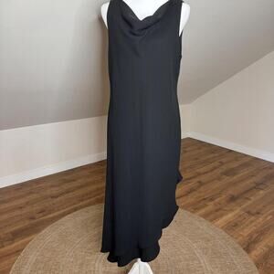 Vintage 90s Black Draped Midi Dress‎ – Asymmetrical Hem, Minimal Chic, Size 16